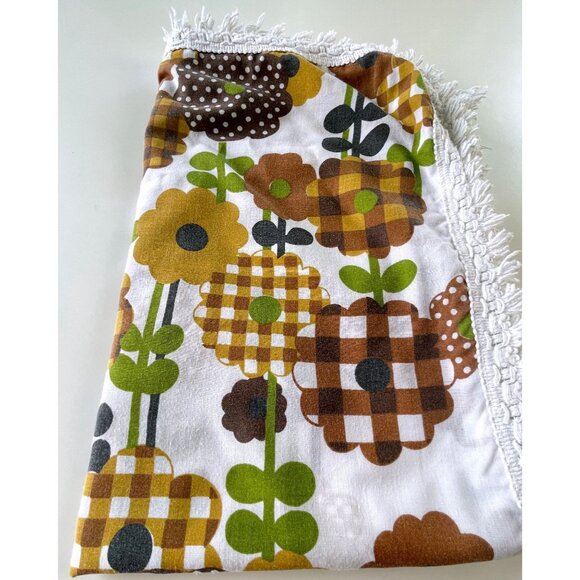 Vintage 70s oval tablecloth, brown, orange green flower power, fringed - Picture 9 of 9
